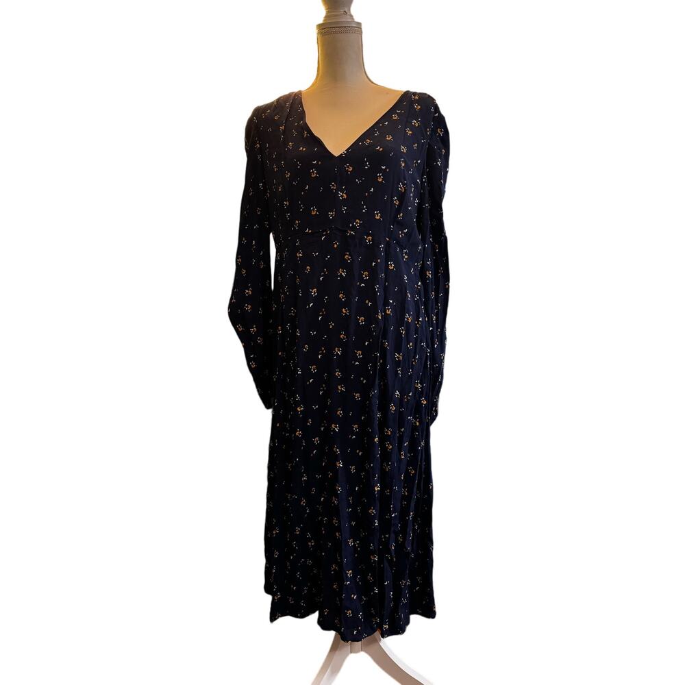 Long Sleeve Dropped Waist XL Blue Long Dress with Orange White Flowers 100 Poly